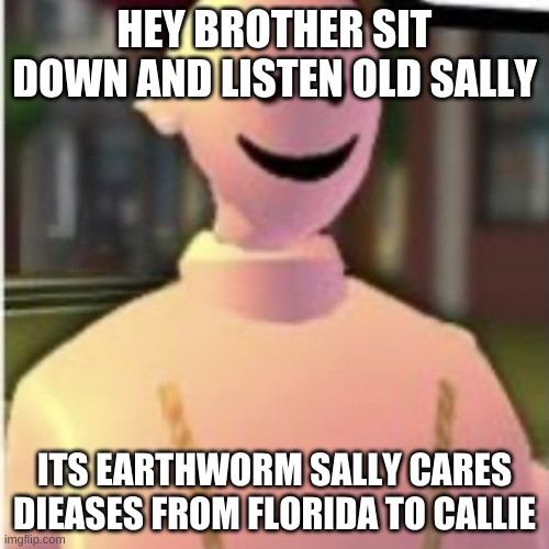 EARTHWORM SALLY | HEY BROTHER SIT DOWN AND LISTEN OLD SALLY; ITS EARTHWORM SALLY CARES DIEASES FROM FLORIDA TO CALLIE | image tagged in earthworm sally by astronify | made w/ Imgflip meme maker