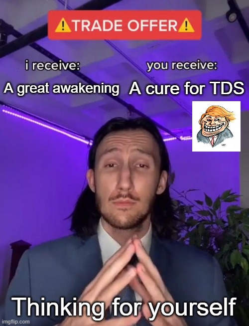Trade Offer | A great awakening; A cure for TDS; Thinking for yourself | image tagged in trade offer | made w/ Imgflip meme maker