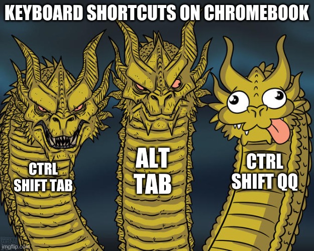 Why is q right next to tab? | KEYBOARD SHORTCUTS ON CHROMEBOOK; ALT TAB; CTRL SHIFT QQ; CTRL SHIFT TAB | image tagged in three-headed dragon | made w/ Imgflip meme maker