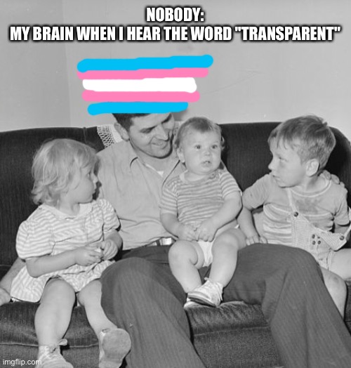 NOBODY:
MY BRAIN WHEN I HEAR THE WORD "TRANSPARENT" | made w/ Imgflip meme maker