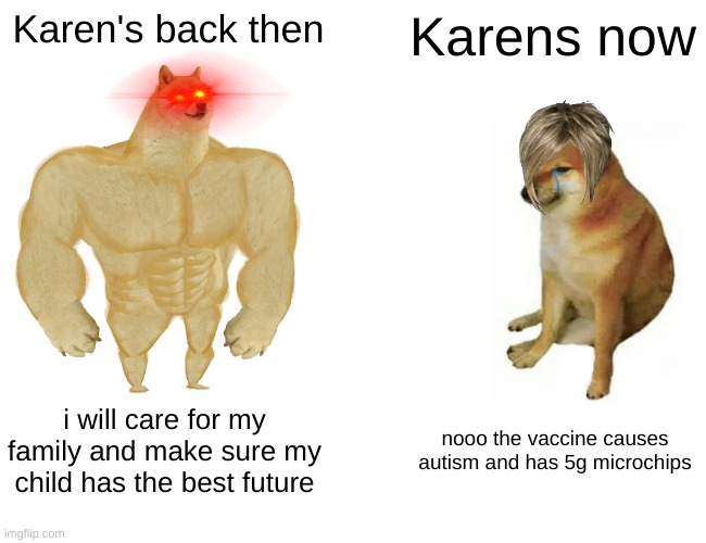 another Karen meme | Karen's back then; Karens now; i will care for my family and make sure my child has the best future; nooo the vaccine causes autism and has 5g microchips | image tagged in memes,buff doge vs cheems | made w/ Imgflip meme maker