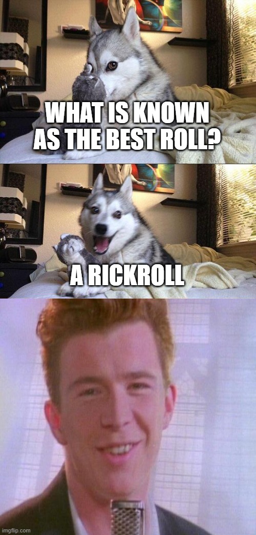 I can just hear the song | WHAT IS KNOWN AS THE BEST ROLL? A RICKROLL | image tagged in memes,bad pun dog | made w/ Imgflip meme maker