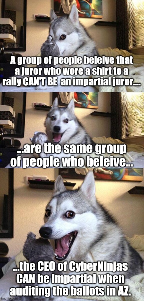 Two faced irony. |  A group of people beleive that a juror who wore a shirt to a rally CAN'T BE  an impartial juror.... ...are the same group of people who beleive... ...the CEO of CyberNinjas CAN be impartial when auditing the ballots in AZ. | image tagged in memes,bad pun dog | made w/ Imgflip meme maker