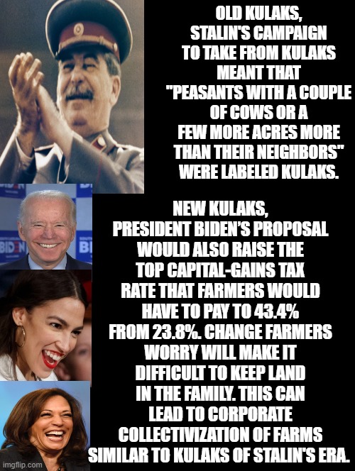 Will History Repeat Itself?  Old Kulaks, Stalin, New Kulaks, Biden | OLD KULAKS, STALIN'S CAMPAIGN TO TAKE FROM KULAKS MEANT THAT "PEASANTS WITH A COUPLE OF COWS OR A FEW MORE ACRES MORE THAN THEIR NEIGHBORS" WERE LABELED KULAKS. NEW KULAKS, PRESIDENT BIDEN’S PROPOSAL WOULD ALSO RAISE THE TOP CAPITAL-GAINS TAX RATE THAT FARMERS WOULD HAVE TO PAY TO 43.4% FROM 23.8%. CHANGE FARMERS WORRY WILL MAKE IT DIFFICULT TO KEEP LAND IN THE FAMILY. THIS CAN LEAD TO CORPORATE COLLECTIVIZATION OF FARMS SIMILAR TO KULAKS OF STALIN'S ERA. | image tagged in stalin,biden,morons,idiots,kool aid,communist | made w/ Imgflip meme maker
