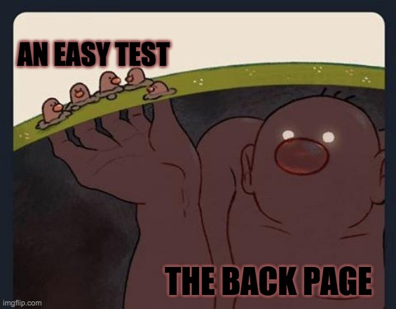 E | AN EASY TEST; THE BACK PAGE | image tagged in big diglett underground | made w/ Imgflip meme maker