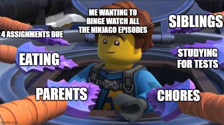ninjago meme funny hahah |  ME WANTING TO BINGE WATCH ALL THE NINJAGO EPISODES; SIBLINGS; 4 ASSIGNMENTS DUE; STUDYING FOR TESTS; EATING; CHORES; PARENTS | image tagged in funny memes,so true memes | made w/ Imgflip meme maker