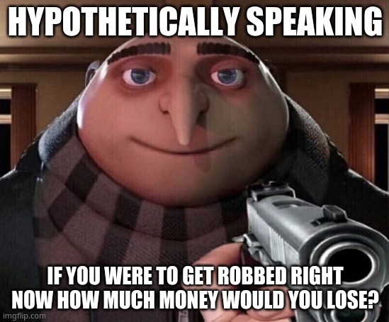 hypothetically speaking of course | HYPOTHETICALLY SPEAKING; IF YOU WERE TO GET ROBBED RIGHT NOW HOW MUCH MONEY WOULD YOU LOSE? | image tagged in gru gun,e | made w/ Imgflip meme maker