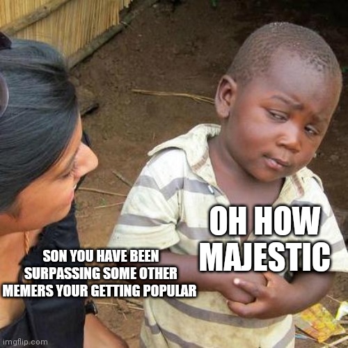 Third World Skeptical Kid Meme | OH HOW MAJESTIC; SON YOU HAVE BEEN SURPASSING SOME OTHER MEMERS YOUR GETTING POPULAR | image tagged in memes,third world skeptical kid | made w/ Imgflip meme maker