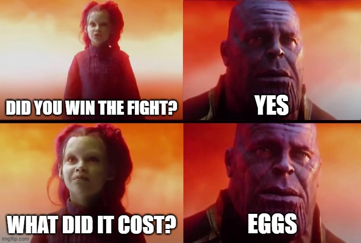 thanos what did it cost | DID YOU WIN THE FIGHT? YES; WHAT DID IT COST? EGGS | image tagged in thanos what did it cost | made w/ Imgflip meme maker