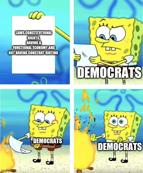 democrats in a nutshell | LAWS,CONSTITUTIONAL RIGHTS, HAVING A FUNCTIONAL ECONOMY,AND NOT HAVING CONSTANT RIOTING; DEMOCRATS; DEMOCRATS; DEMOCRATS | image tagged in spongebob burning paper | made w/ Imgflip meme maker