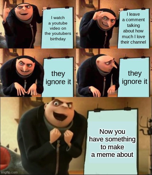Based on a true story | I leave a comment talking about how much I love their channel; I watch a youtube video on the youtubers birthday; they ignore it; they ignore it; Now you have something to make a meme about | image tagged in memes,gru's plan,5 panel gru meme,youtube,youtube comments,true story | made w/ Imgflip meme maker