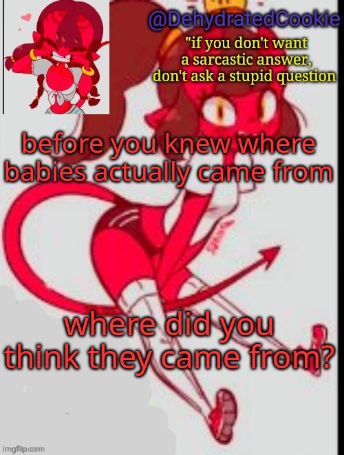 and if you still dont know....... im not sorry -w- | before you knew where babies actually came from; where did you think they came from? | image tagged in meru announcement template | made w/ Imgflip meme maker