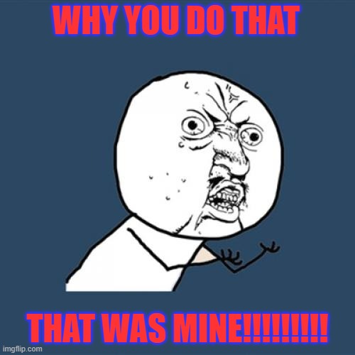 WHY!!!!!!!!!!!!!!!!!1 | WHY YOU DO THAT; THAT WAS MINE!!!!!!!!! | image tagged in memes,y u no | made w/ Imgflip meme maker