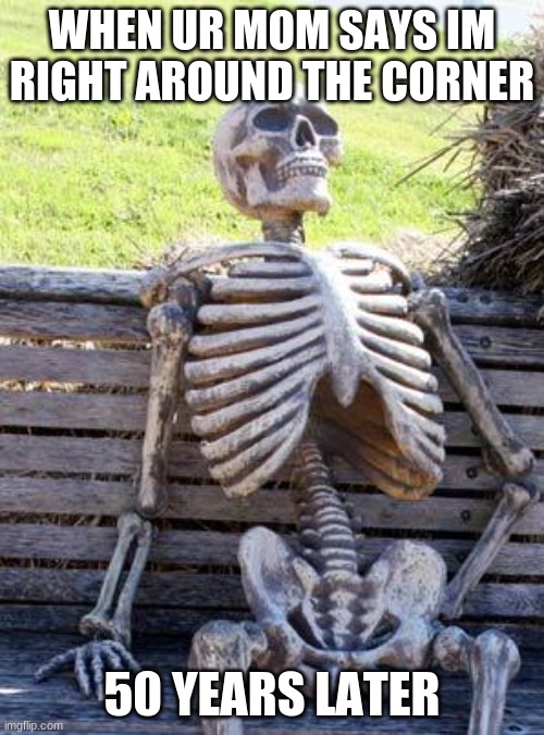 still waiting | WHEN UR MOM SAYS IM RIGHT AROUND THE CORNER; 50 YEARS LATER | image tagged in memes,waiting skeleton | made w/ Imgflip meme maker