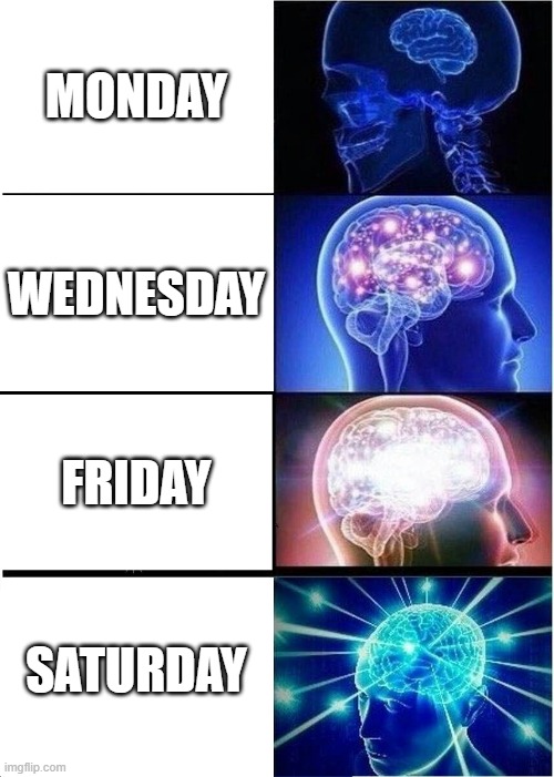 week | MONDAY; WEDNESDAY; FRIDAY; SATURDAY | image tagged in memes,expanding brain | made w/ Imgflip meme maker