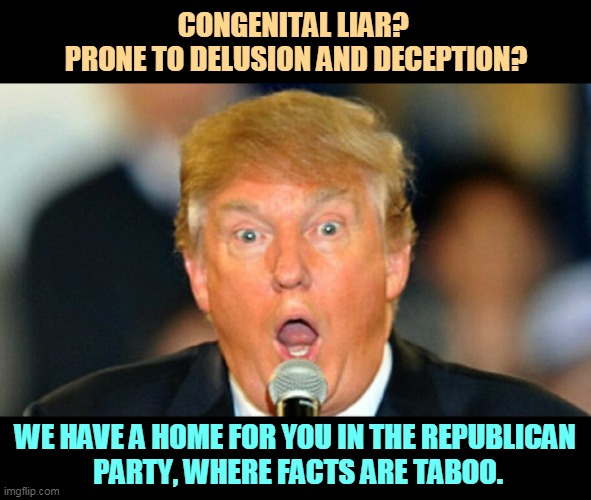 The GOP, Home of the Whopper | CONGENITAL LIAR? 
PRONE TO DELUSION AND DECEPTION? WE HAVE A HOME FOR YOU IN THE REPUBLICAN 
PARTY, WHERE FACTS ARE TABOO. | image tagged in republican,liars,delusional,no,facts | made w/ Imgflip meme maker