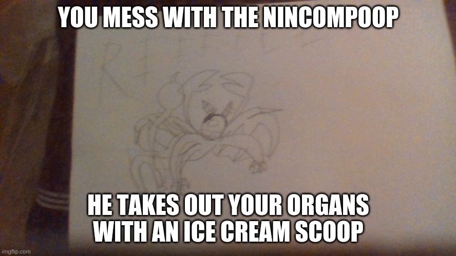 he ree | YOU MESS WITH THE NINCOMPOOP; HE TAKES OUT YOUR ORGANS WITH AN ICE CREAM SCOOP | made w/ Imgflip meme maker