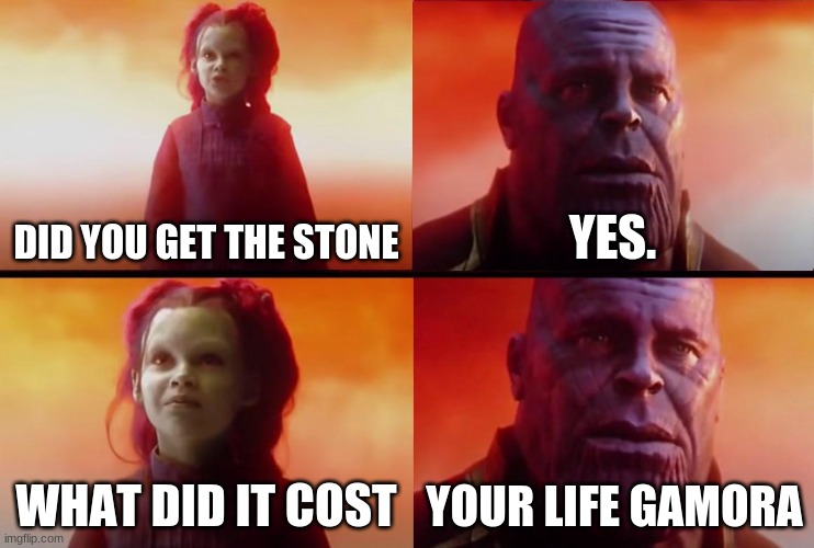 we all know | DID YOU GET THE STONE; YES. WHAT DID IT COST; YOUR LIFE GAMORA | image tagged in thanos what did it cost | made w/ Imgflip meme maker