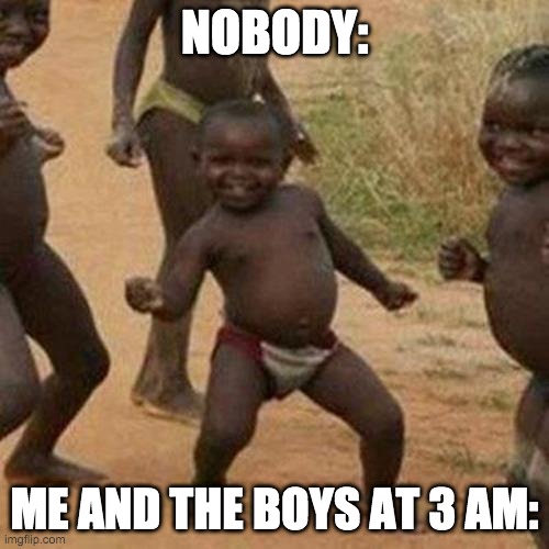 me and the boys at 3 am | NOBODY:; ME AND THE BOYS AT 3 AM: | image tagged in memes,third world success kid | made w/ Imgflip meme maker