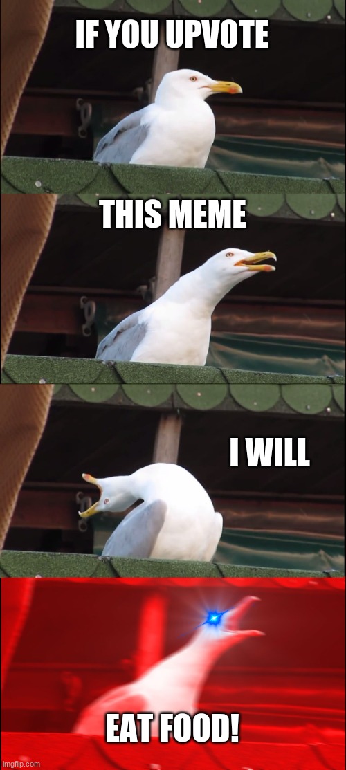 Inhaling Seagull | IF YOU UPVOTE; THIS MEME; I WILL; EAT FOOD! | image tagged in memes,inhaling seagull | made w/ Imgflip meme maker