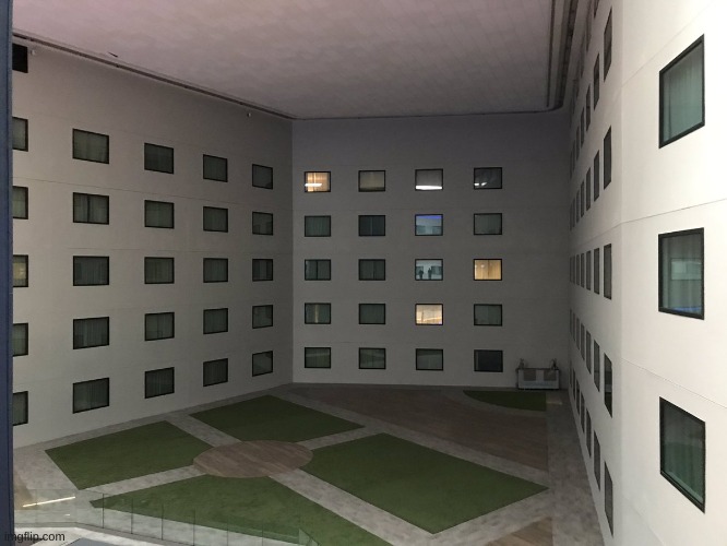 Level 188: The "Courtyard of Windows" | image tagged in backrooms | made w/ Imgflip meme maker