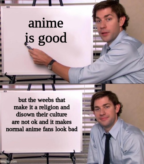 anime is not bad | anime is good; but the weebs that make it a religion and disown their culture are not ok and it makes normal anime fans look bad | image tagged in jim halpert explains | made w/ Imgflip meme maker