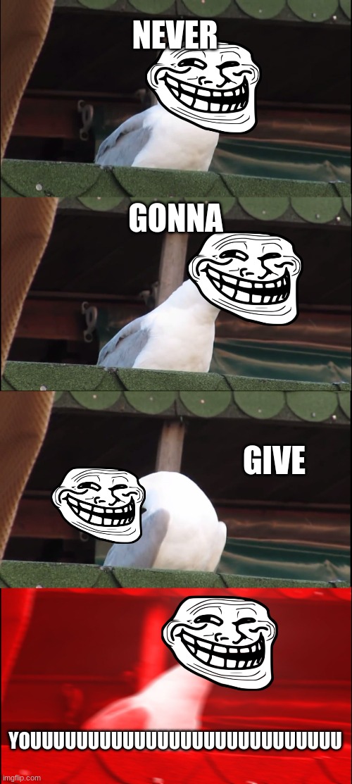 Inhaling Seagull Meme |  NEVER; GONNA; GIVE; YOUUUUUUUUUUUUUUUUUUUUUUUUUUU | image tagged in memes,inhaling seagull | made w/ Imgflip meme maker