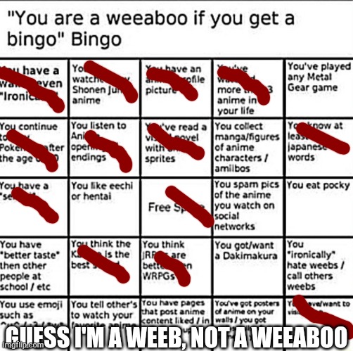 So I did the bingo... Guess I'm not a weeaboo | GUESS I'M A WEEB, NOT A WEEABOO | image tagged in weeaboo bingo | made w/ Imgflip meme maker