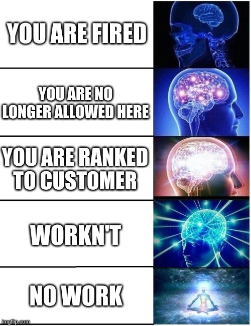 Expanding Brain 5 Panel | YOU ARE FIRED YOU ARE NO LONGER ALLOWED HERE YOU ARE RANKED TO CUSTOMER WORKN'T NO WORK | image tagged in expanding brain 5 panel | made w/ Imgflip meme maker