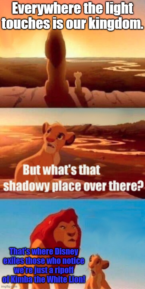 When people who watch American cartoons say they hate anime | Everywhere the light touches is our kingdom. That's where Disney exiles those who notice we're just a ripoff of Kimba the White Lion! | image tagged in memes,simba shadowy place,anime,copycat,hipocrisy | made w/ Imgflip meme maker