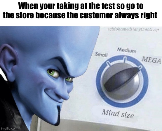 Dank meme#3 | When your taking at the test so go to the store because the customer always right | image tagged in mind size mega,dank memes,yeah this is big brain time | made w/ Imgflip meme maker