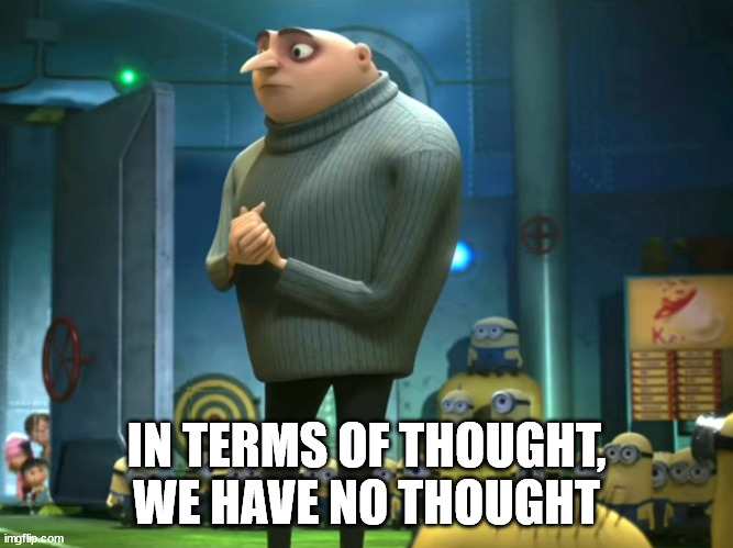 In terms of money, we have no money | IN TERMS OF THOUGHT, WE HAVE NO THOUGHT | image tagged in in terms of money we have no money | made w/ Imgflip meme maker