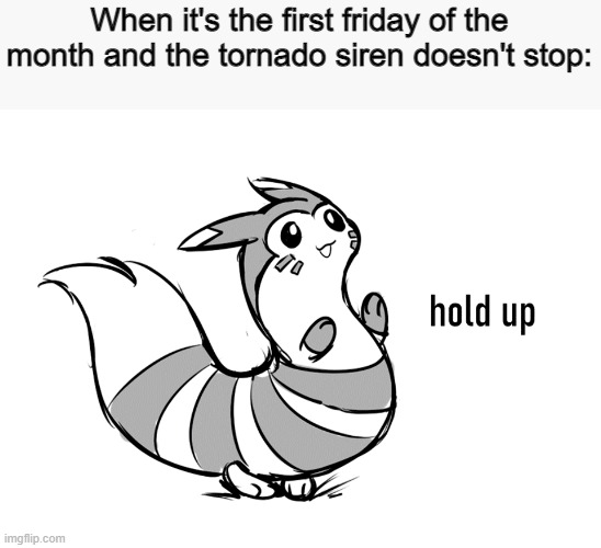 Furret hold up | When it's the first friday of the month and the tornado siren doesn't stop: | image tagged in furret hold up | made w/ Imgflip meme maker