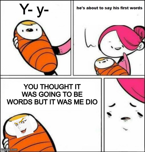 The f is wrong with me to find this funny XD | Y- y-; YOU THOUGHT IT WAS GOING TO BE WORDS BUT IT WAS ME DIO | image tagged in he is about to say his first words | made w/ Imgflip meme maker