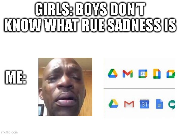 Blank White Template |  GIRLS: BOYS DON'T KNOW WHAT RUE SADNESS IS; ME: | image tagged in blank white template | made w/ Imgflip meme maker