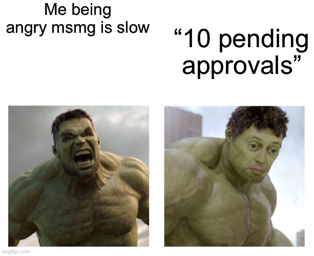 Hulk angry then realizes he's wrong | Me being angry msmg is slow; “10 pending approvals” | image tagged in hulk angry then realizes he's wrong | made w/ Imgflip meme maker