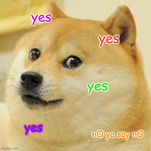 Doge | yes; yes; yes; yes; nO ya say nO | image tagged in memes,doge | made w/ Imgflip meme maker
