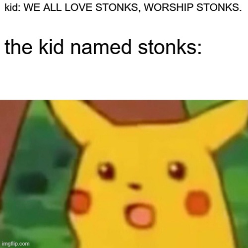 WE ALL LOVE STONKS | kid: WE ALL LOVE STONKS, WORSHIP STONKS. the kid named stonks: | image tagged in memes,surprised pikachu,stonks | made w/ Imgflip meme maker