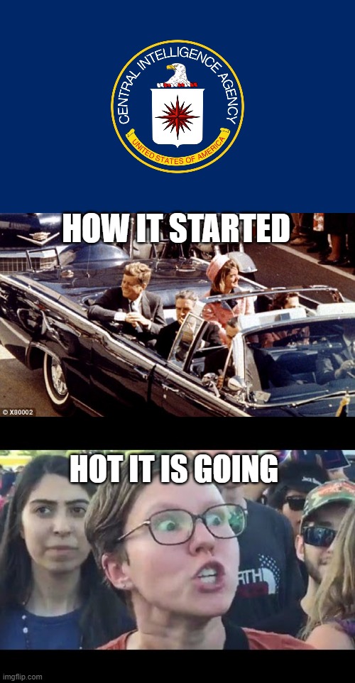 SJW CIA | HOW IT STARTED; HOT IT IS GOING | image tagged in central intelligence agency cia,jfk assassination convertible lbj jackie color,angry sjw | made w/ Imgflip meme maker