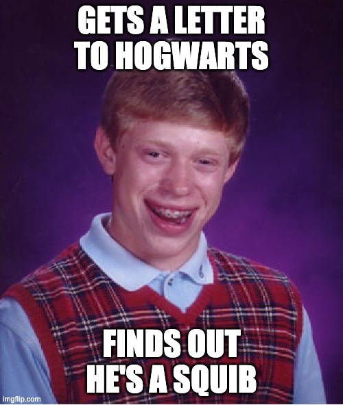 squibbbb | GETS A LETTER TO HOGWARTS; FINDS OUT HE'S A SQUIB | image tagged in memes,bad luck brian,squib,harry potter,funny | made w/ Imgflip meme maker