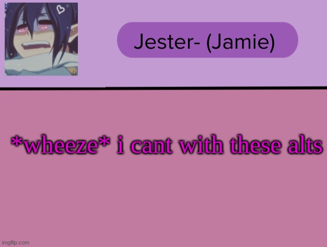 Jester Tam Tam temp | *wheeze* i cant with these alts | image tagged in jester tam tam temp | made w/ Imgflip meme maker