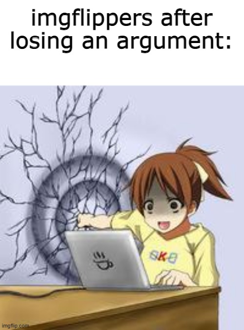 lOL | imgflippers after losing an argument: | image tagged in anime wall punch,barney will eat all of your delectable biscuits,meanwhile on imgflip,imgflip users | made w/ Imgflip meme maker
