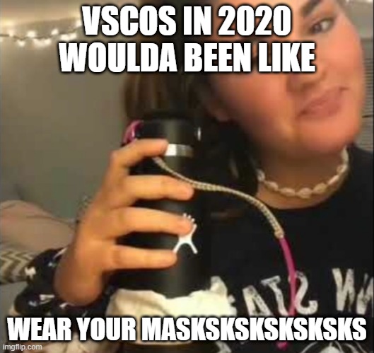Sksksks | VSCOS IN 2020 WOULDA BEEN LIKE; WEAR YOUR MASKSKSKSKSKSKS | image tagged in vsco girl | made w/ Imgflip meme maker