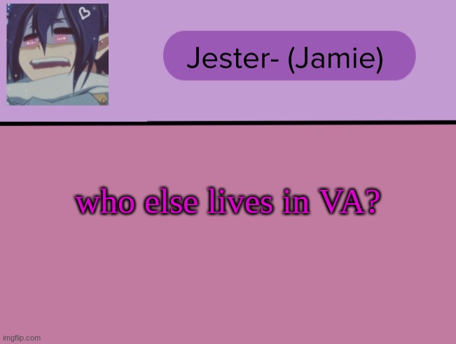 Jester Tam Tam temp | who else lives in VA? | image tagged in jester tam tam temp | made w/ Imgflip meme maker