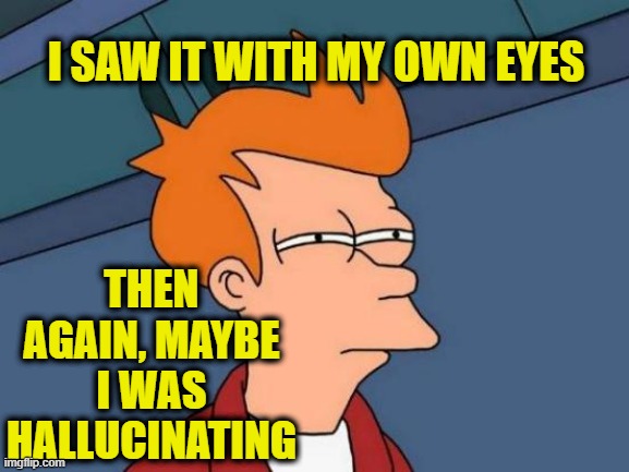 Futurama Fry | I SAW IT WITH MY OWN EYES; THEN AGAIN, MAYBE I WAS HALLUCINATING | image tagged in memes,futurama fry | made w/ Imgflip meme maker