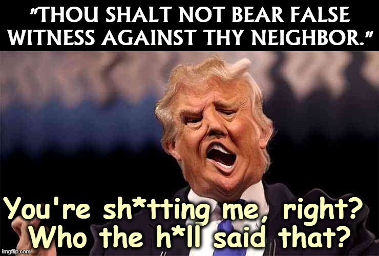 It's in the Bible, schmuck. | "THOU SHALT NOT BEAR FALSE WITNESS AGAINST THY NEIGHBOR."; You're sh*tting me, right? 
Who the h*ll said that? | image tagged in trump on acid making the whole world crazy,trump,liar,everyday | made w/ Imgflip meme maker