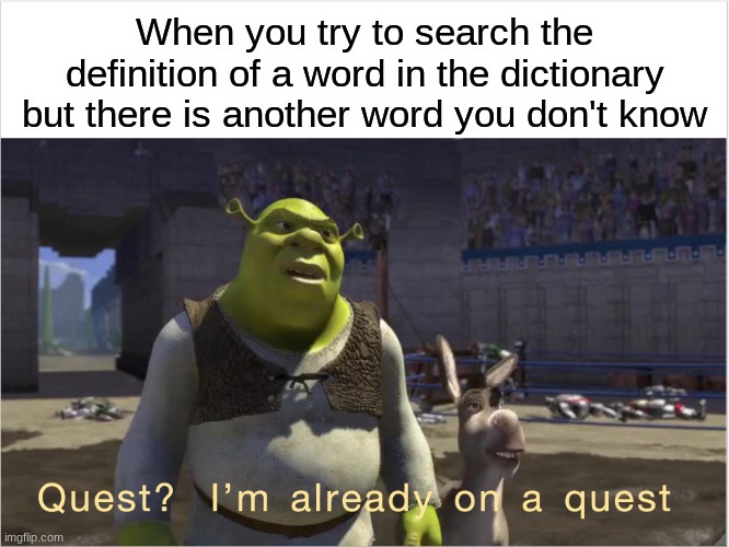 Quest? I'm already on a quest | When you try to search the definition of a word in the dictionary but there is another word you don't know | image tagged in quest i'm already on a quest | made w/ Imgflip meme maker