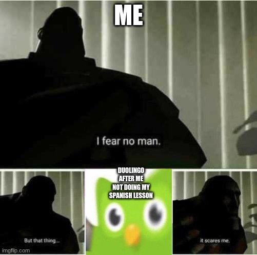 u ar ded | ME; DUOLINGO AFTER ME NOT DOING MY SPANISH LESSON | image tagged in i fear no man | made w/ Imgflip meme maker