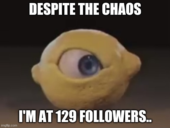 what will i do if it hits to 30? | DESPITE THE CHAOS; I'M AT 129 FOLLOWERS.. | image tagged in omega mart lemon | made w/ Imgflip meme maker