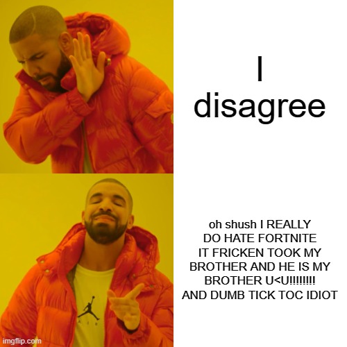 Drake Hotline Bling Meme | I disagree oh shush I REALLY DO HATE FORTNITE IT FRICKEN TOOK MY BROTHER AND HE IS MY BROTHER U<U!!!!!!!! AND DUMB TICK TOC IDIOT | image tagged in memes,drake hotline bling | made w/ Imgflip meme maker